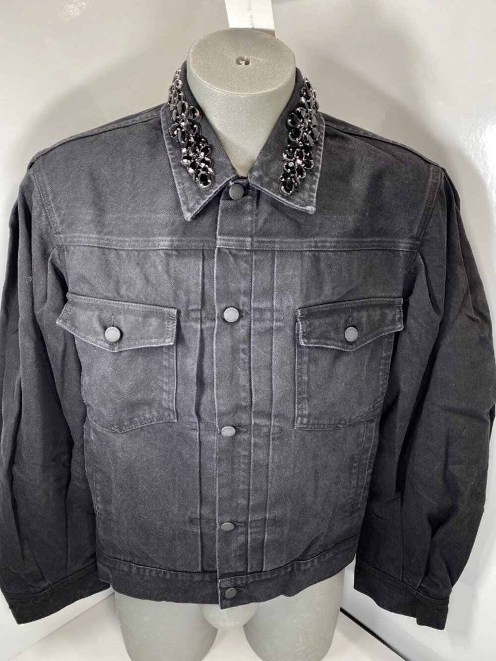 NEW SIMONE ROCHA Mens Jacket Black SizeL Puff Sleeve Rhinestone Heavy Denim Coat